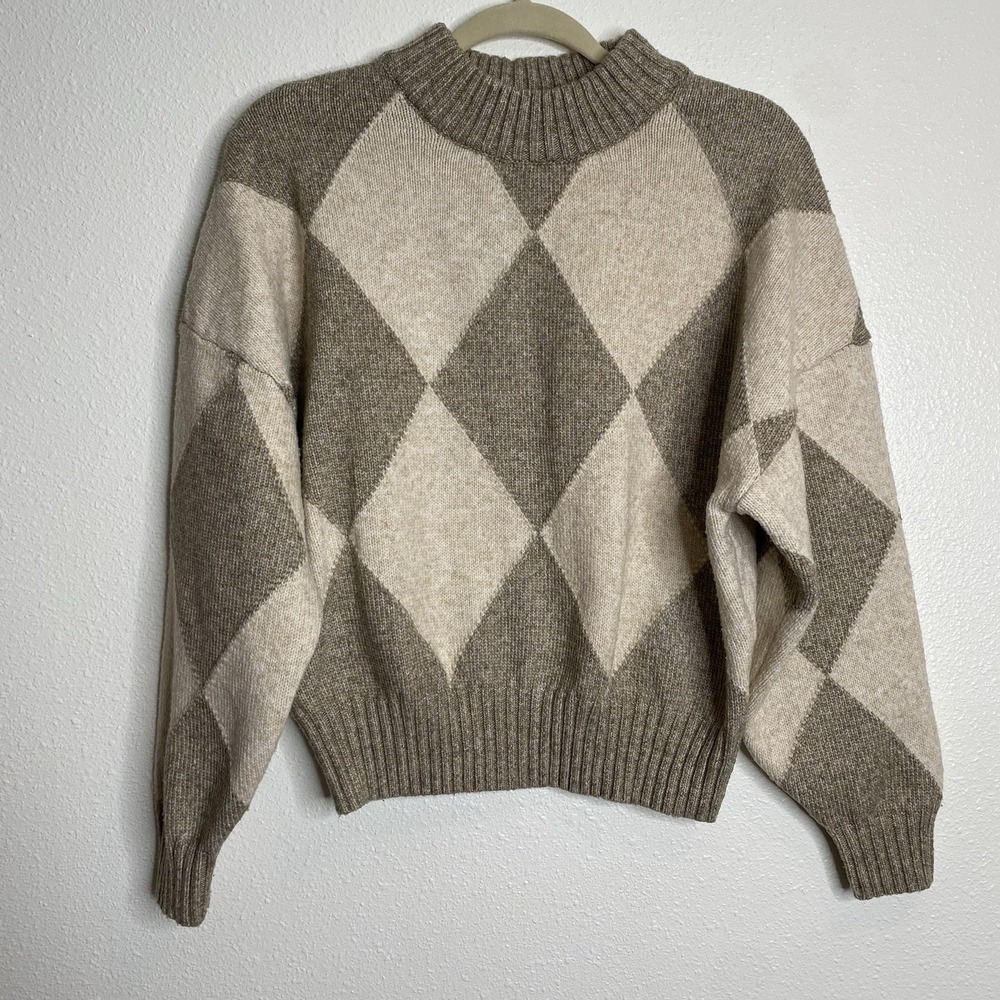 Pringle of Scotland X H&M Womens Argyle‎ Cardigan Sweater White Brown Size S